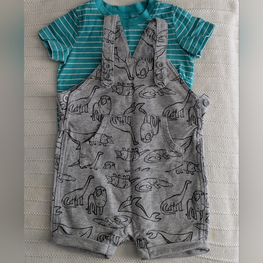 Baby Dino Overalls with Striped Shirt